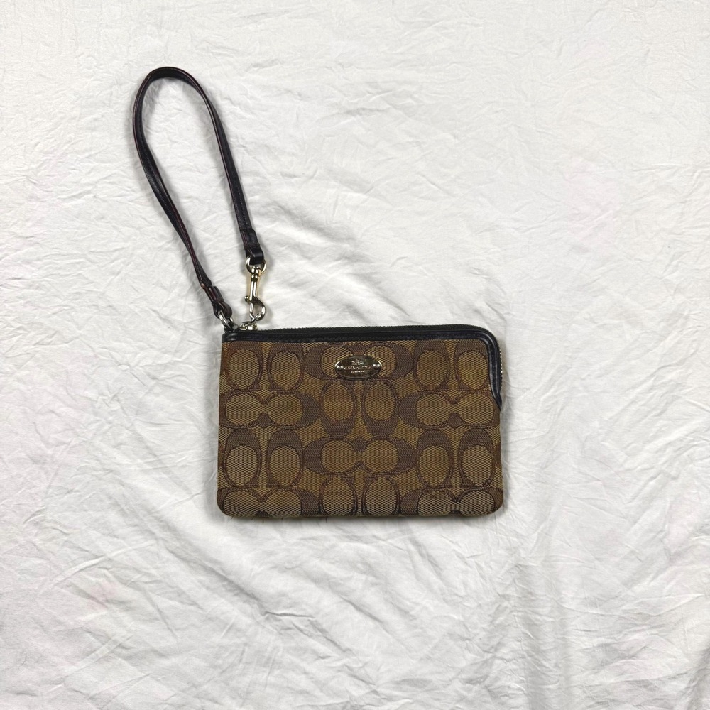 Coach Signature Canvas Wristlet Khaki Brown F53536 Small Pouch Bag